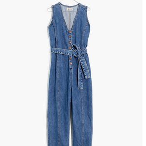 Denim Sleeveless Tie-Waist Jumpsuit in Belvoir Was